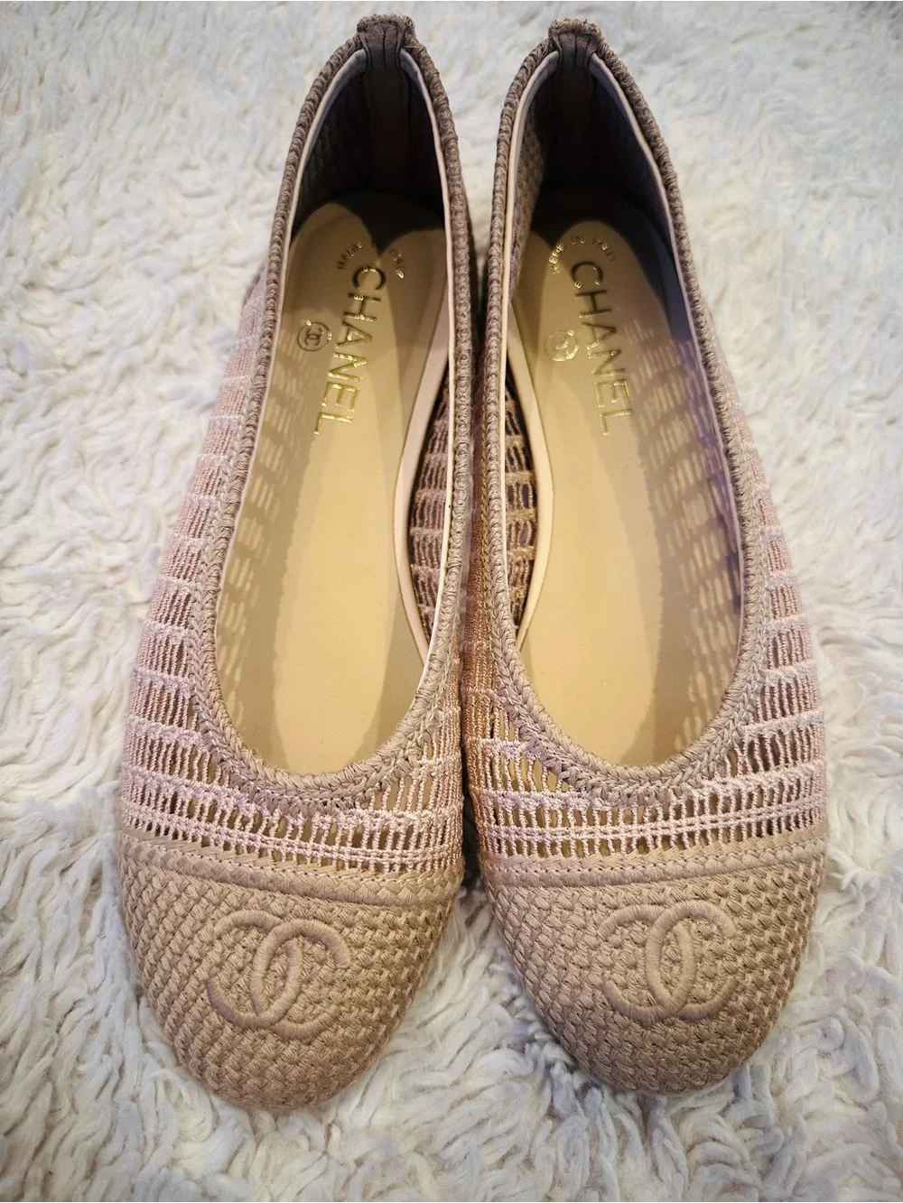 CHANEL Beige Crochet CC Logo Ballet Flats
